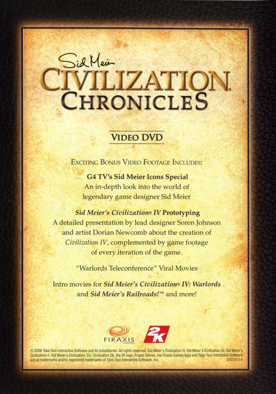 Other for Sid Meier's Civilization Chronicles (Windows): Video DVD Keep Case - Back