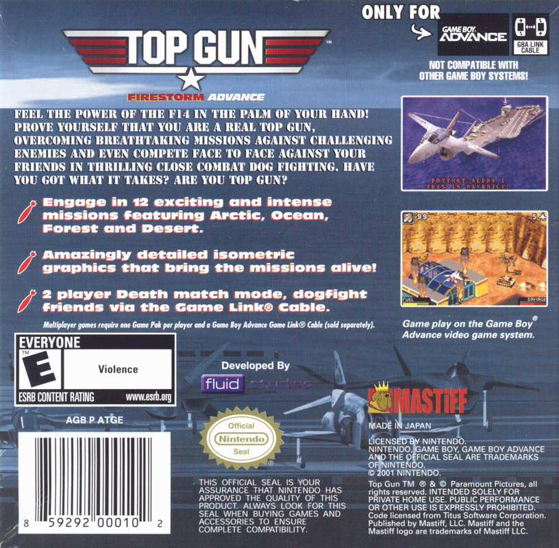 Back Cover for Top Gun: Firestorm (Game Boy Advance)