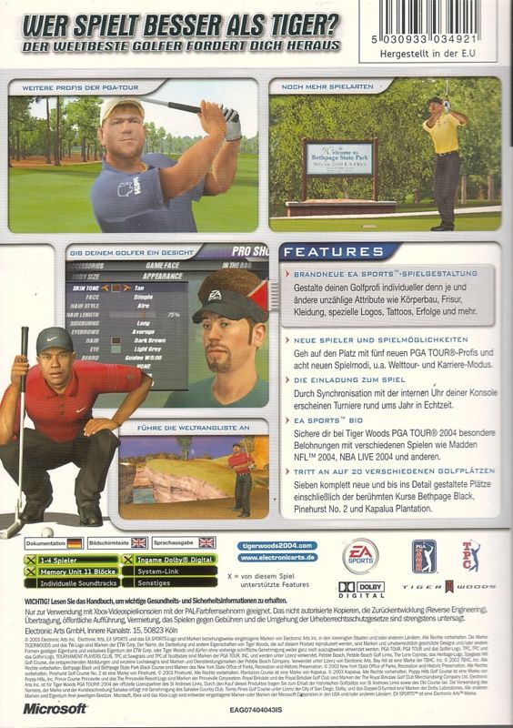 Back Cover for Tiger Woods PGA Tour 2004 (Xbox)