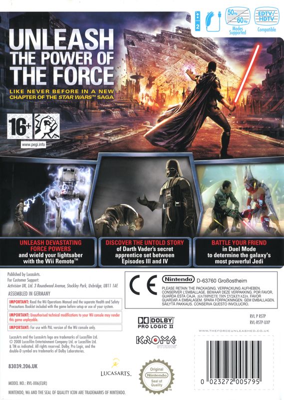 Back Cover for Star Wars: The Force Unleashed (Wii) (General European release not for supply in the UK)