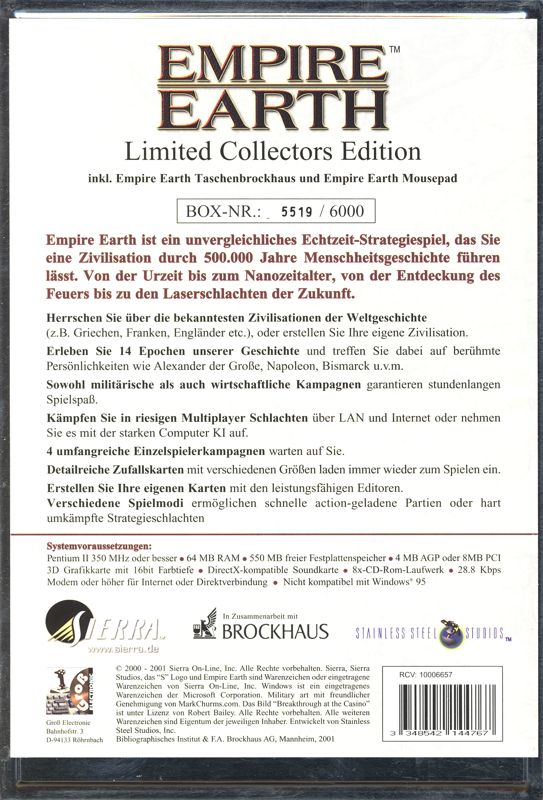 Back Cover for Empire Earth (Limited Collector's Edition) (Windows)