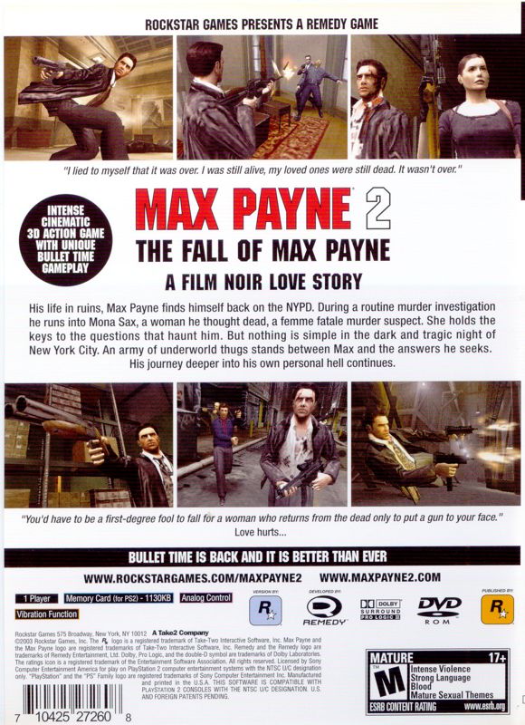 Back Cover for Max Payne 2: The Fall of Max Payne (PlayStation 2)