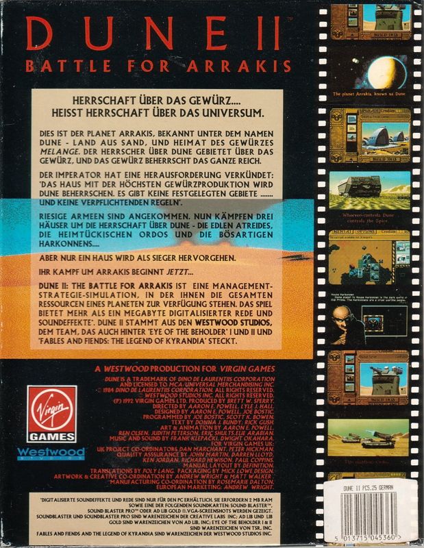 Back Cover for Dune II: The Building of a Dynasty (DOS) (Dual media version (3.5"+5.25" Disks))