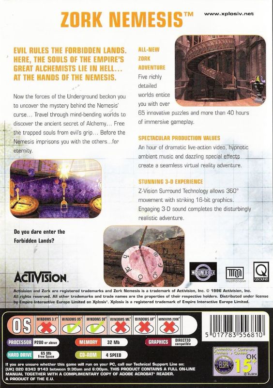 Back Cover for Zork Nemesis: The Forbidden Lands (Windows) (Xplosiv release)