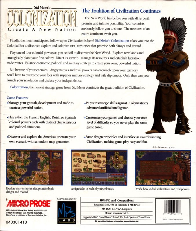 Back Cover for Sid Meier's Colonization (DOS)