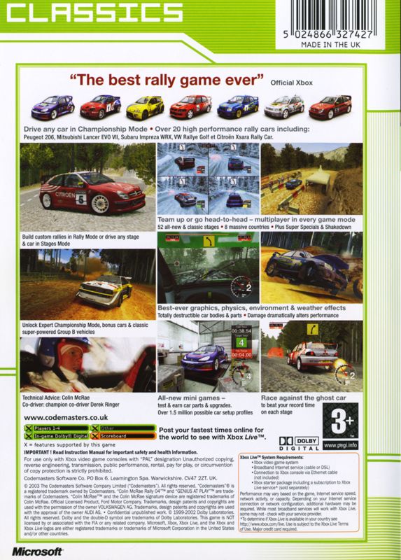 Back Cover for Colin McRae Rally 04 (Xbox) (Classics release)