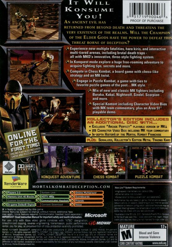 Back Cover for Mortal Kombat: Deception - Premium Pack (Xbox) (Scorpion Cover)
