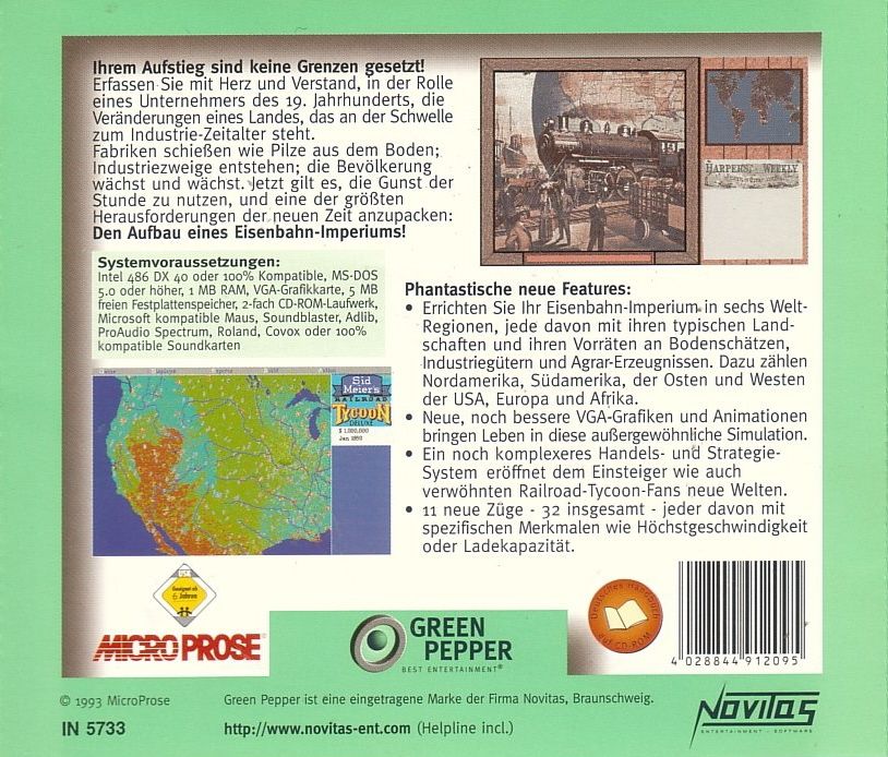 Back Cover for Sid Meier's Railroad Tycoon Deluxe (DOS) (Green Pepper release)