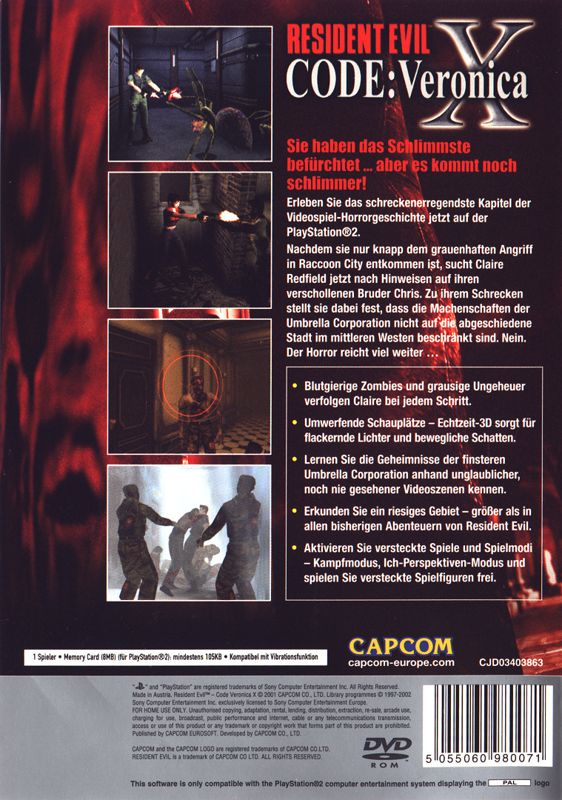 Back Cover for Resident Evil: Code: Veronica X (PlayStation 2) (Platinum release)