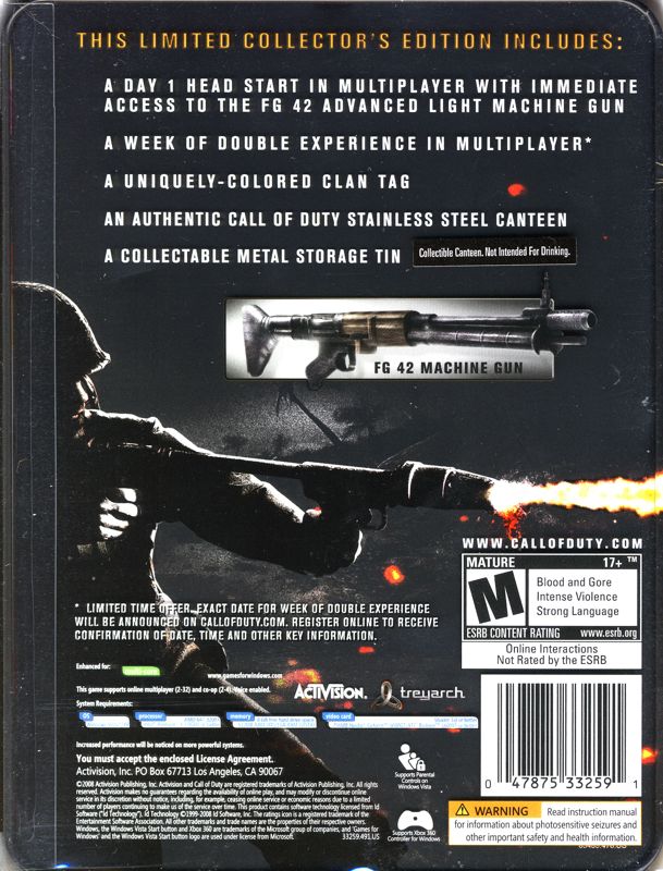 Back Cover for Call of Duty: World at War (Limited Collector's Edition) (Windows)