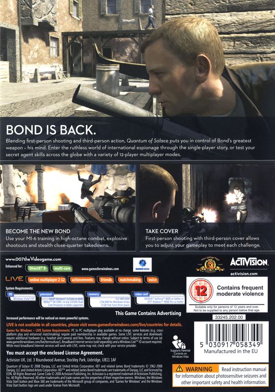 Back Cover for 007: Quantum of Solace (Windows) (Release with BBFC rating)