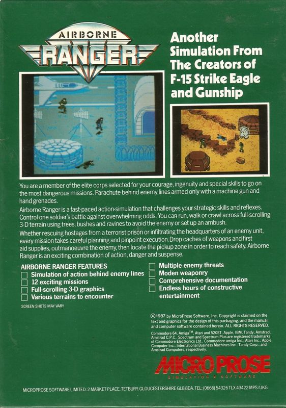 Back Cover for Airborne Ranger (Commodore 64) (Cassette release)