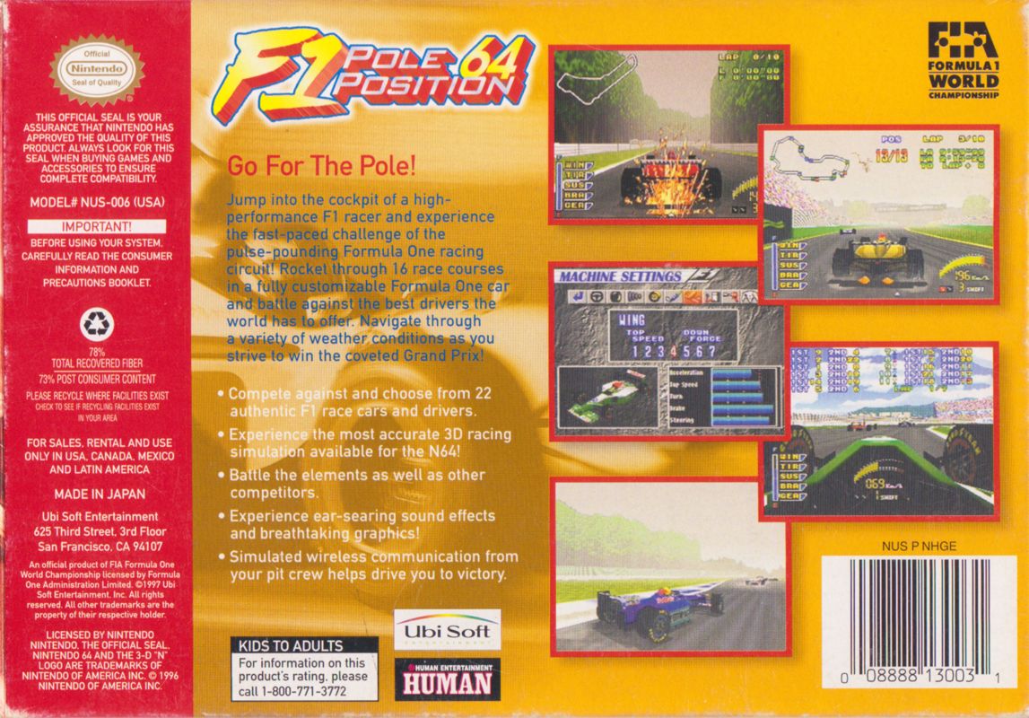 Back Cover for F1 Pole Position 64 (Nintendo 64)