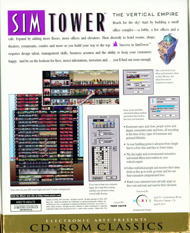 Back Cover for SimTower: The Vertical Empire (Windows 3.x) (Electronic Arts CD-ROM Classics release)