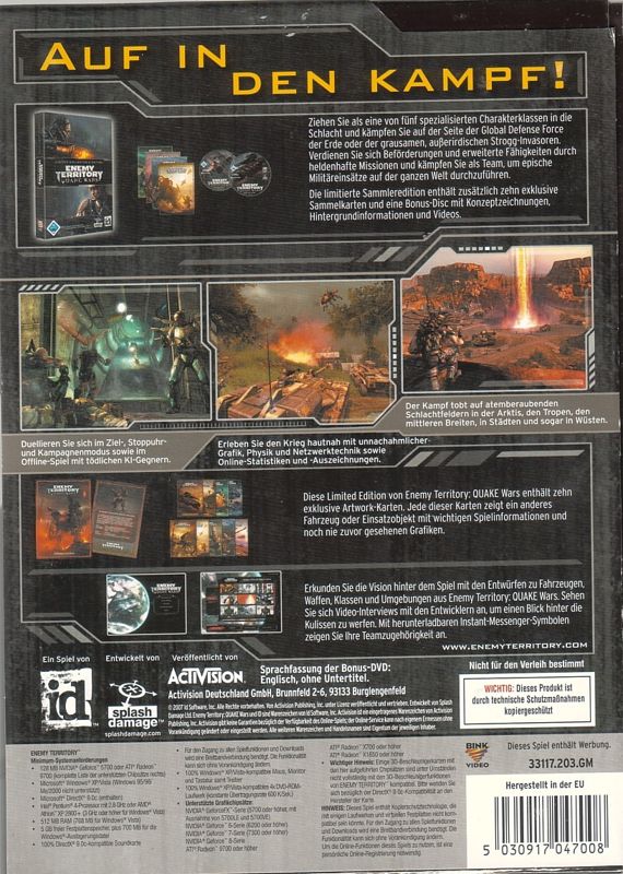 Back Cover for Enemy Territory: Quake Wars (Limited Collector's Edition) (Windows)