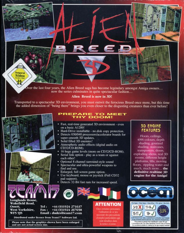 Back Cover for Alien Breed 3D (Amiga and Amiga CD32)