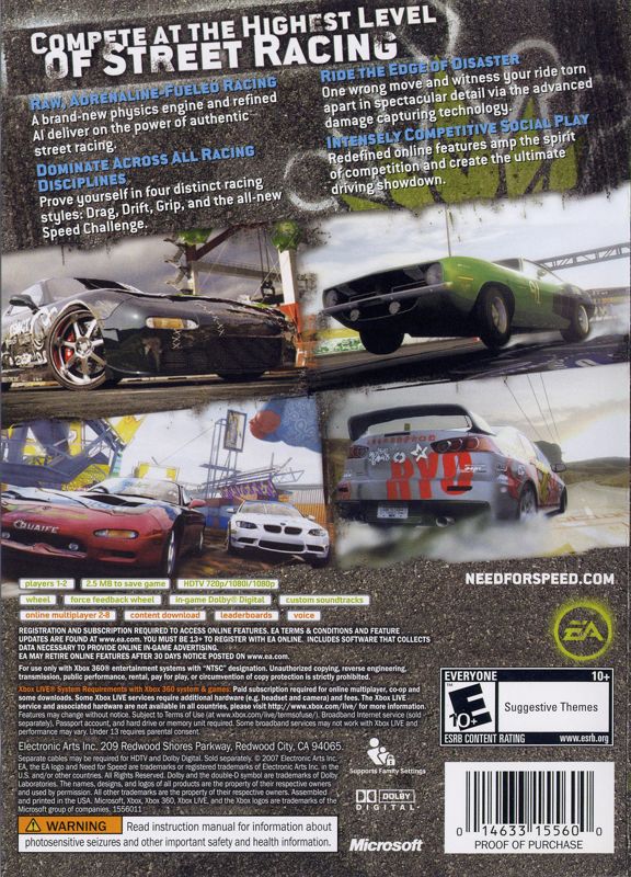 Back Cover for Need for Speed: ProStreet (Xbox 360)
