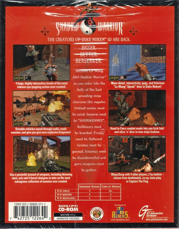 Back Cover for Shadow Warrior (DOS) (Shareware version)