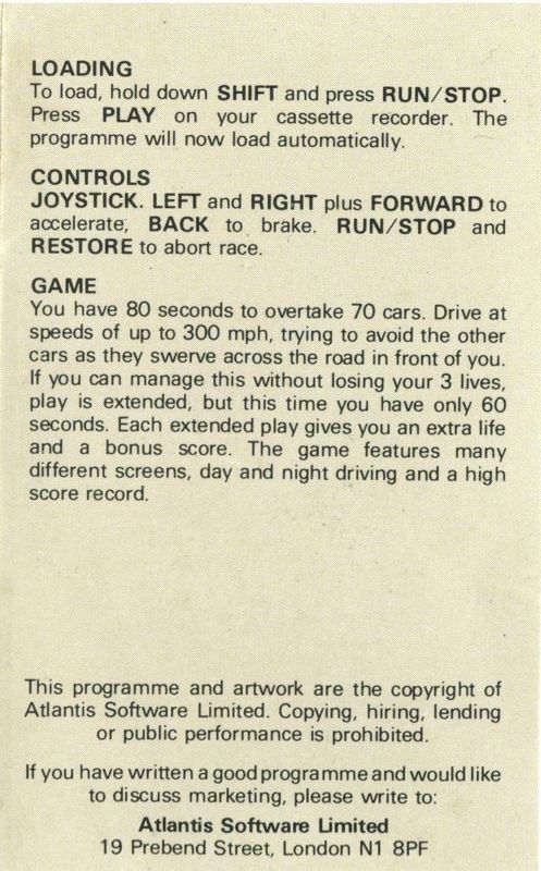 Inside Cover for Death Race (VIC-20)