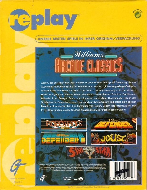 Back Cover for Williams Arcade Classics (DOS and Windows) (Replay release)