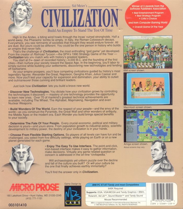 Back Cover for Sid Meier's Civilization (DOS) (1993 re-release)