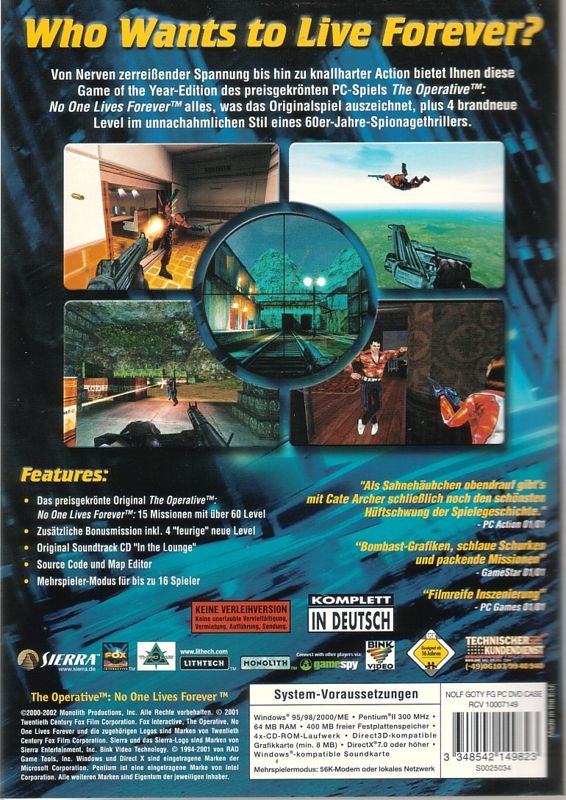 Back Cover for The Operative: No One Lives Forever - Game of the Year Edition (Windows)