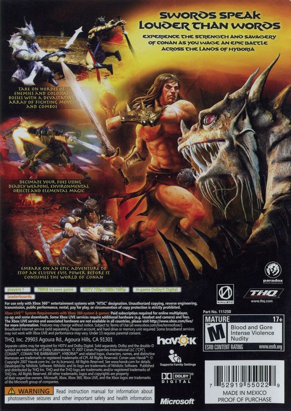 Back Cover for Conan (Xbox 360) (Includes a Dark Horse Conan comic book)