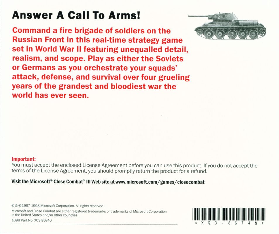 Other for Close Combat III: The Russian Front (Windows) (Microsoft Company Store release): Jewel Case - Back