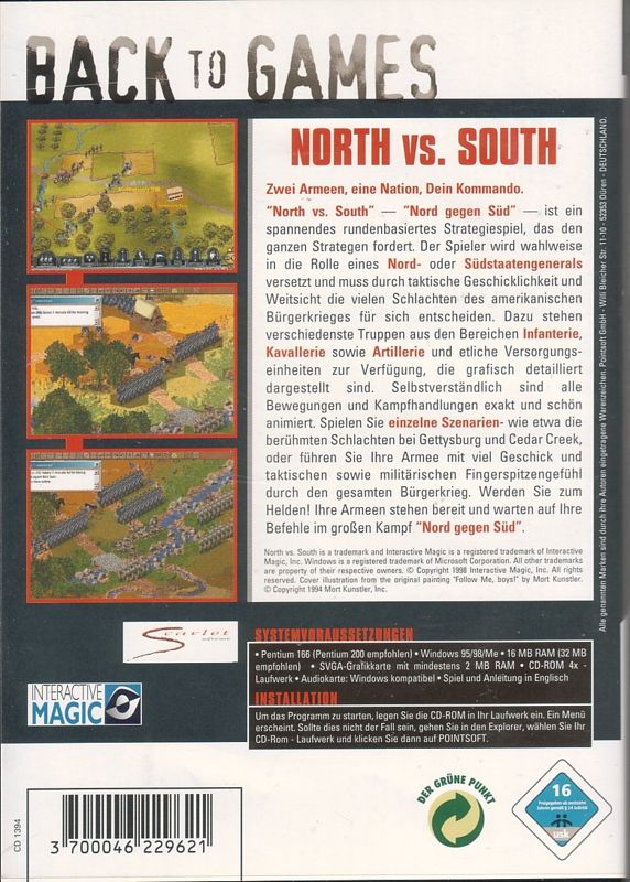 Back Cover for North vs. South (Windows) (Back to Games release)