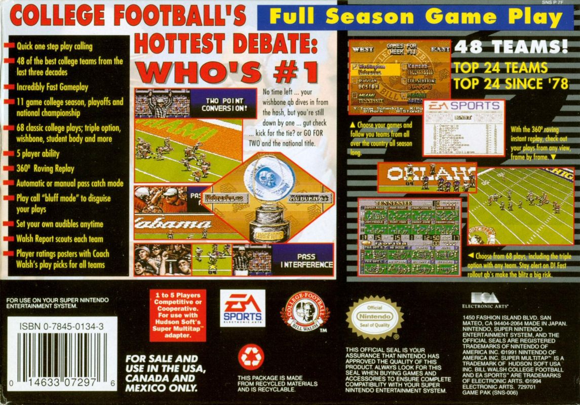 Back Cover for Bill Walsh College Football (SNES)