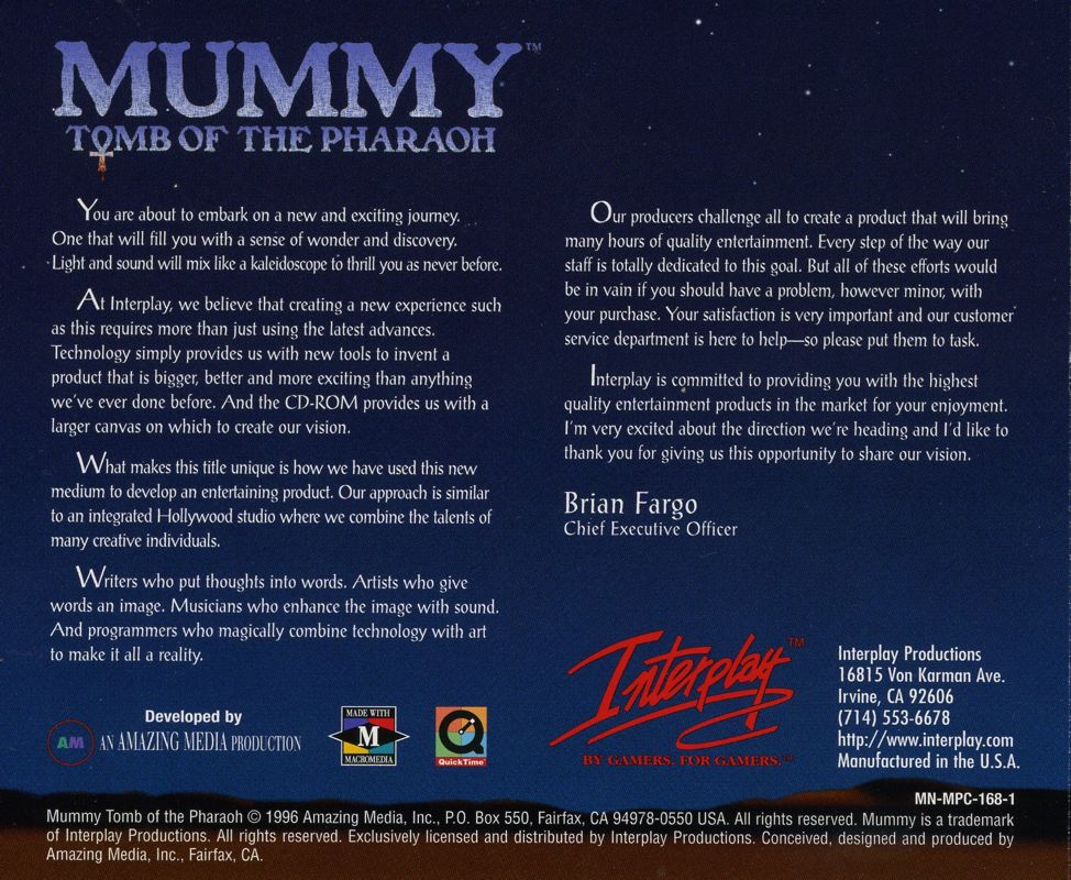 Other for Mummy: Tomb of the Pharaoh (Windows 3.x): Jewel Case - Back Cover