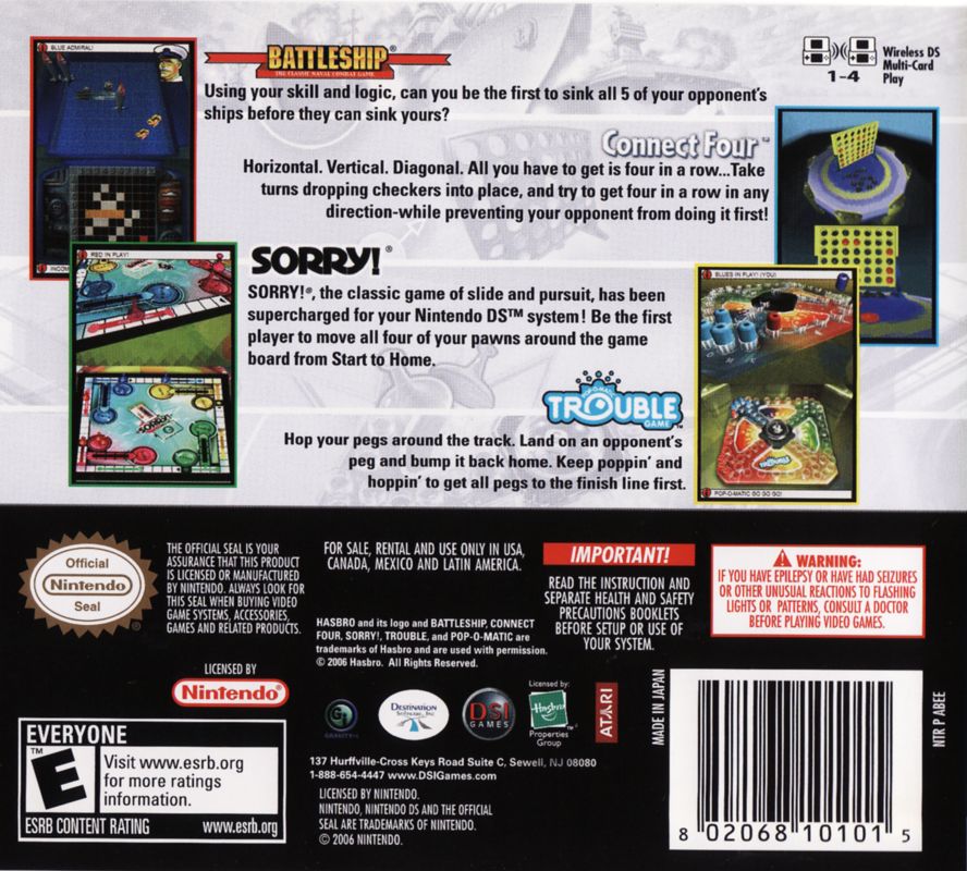 Back Cover for Battleship / Connect Four / Sorry! / Trouble (Nintendo DS)