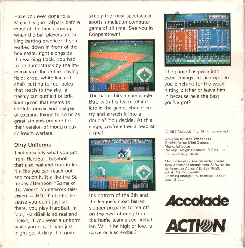 Back Cover for HardBall! (Commodore 64)