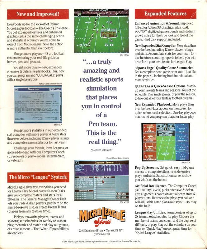 Back Cover for MicroLeague Football: The Coach's Challenge - Deluxe Edition (DOS)