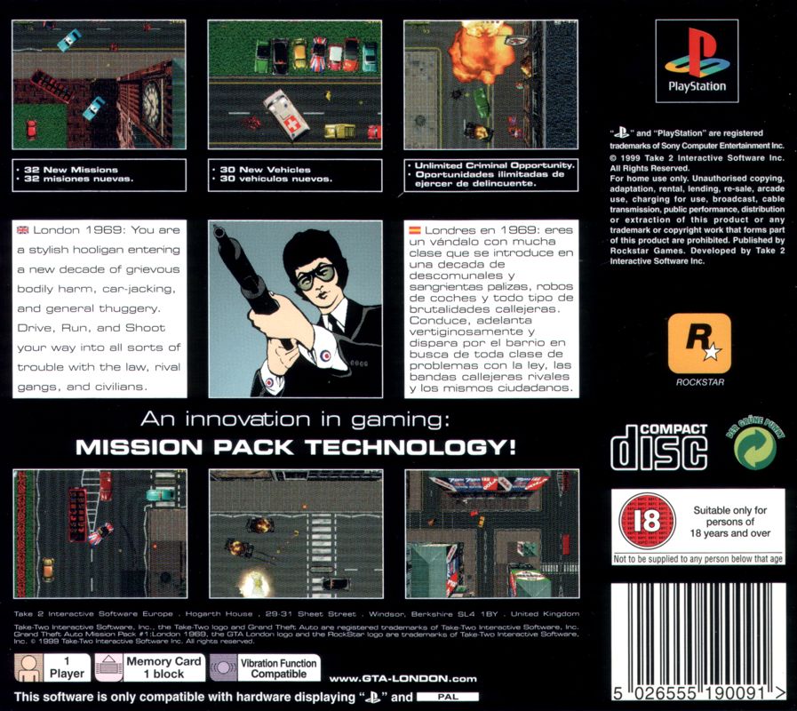 Back Cover for Grand Theft Auto: Mission Pack #1 - London 1969 (PlayStation)