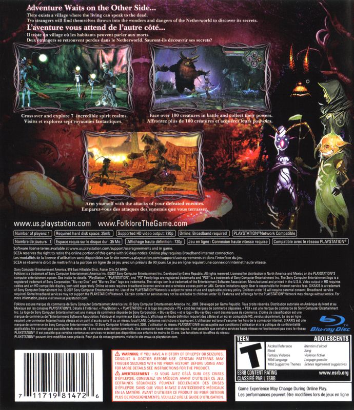 Back Cover for Folklore (PlayStation 3)