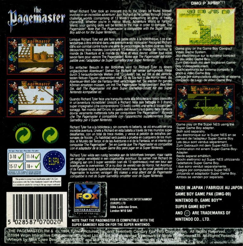 Back Cover for The Pagemaster (Game Boy)