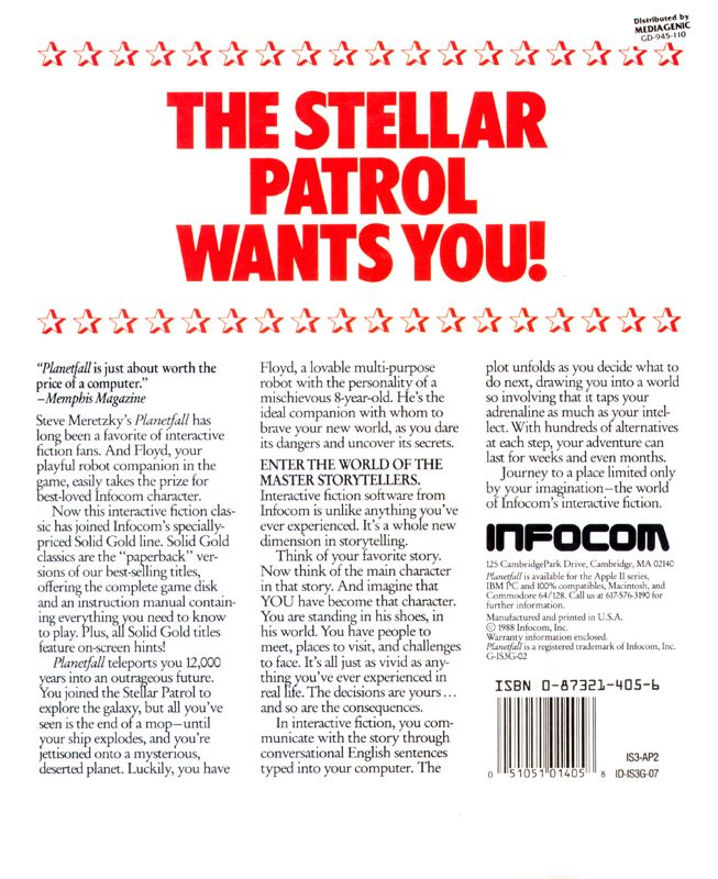 Back Cover for Planetfall (Macintosh) (Solid Gold re-release)