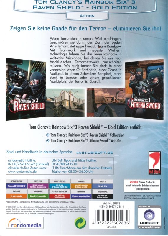 Back Cover for Tom Clancy's Rainbow Six 3: Gold Edition (Windows) (Ubisoft eXclusive release)