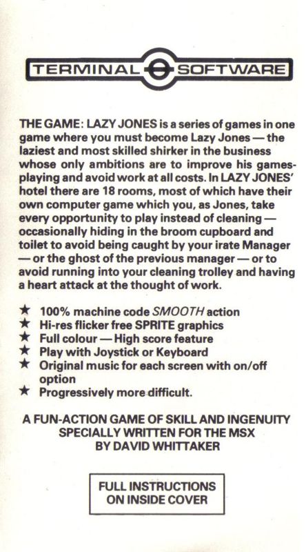Inside Cover for Lazy Jones (MSX)