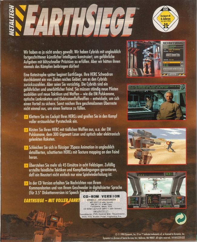 Back Cover for Metaltech: EarthSiege (DOS) (CD-ROM release)