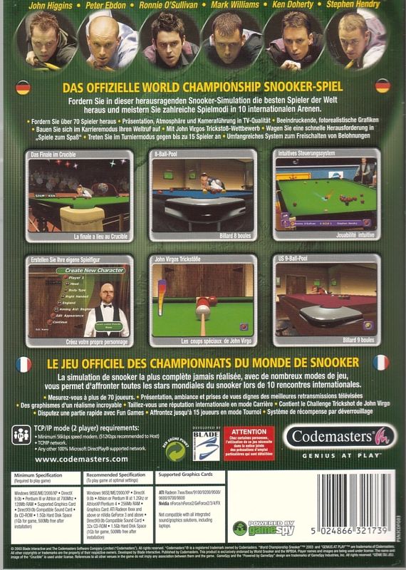 Back Cover for World Championship Snooker 2003 (Windows)