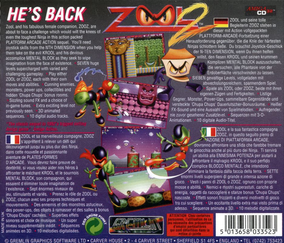 Other for Zool 2 (Amiga CD32): Jewel Case - Back