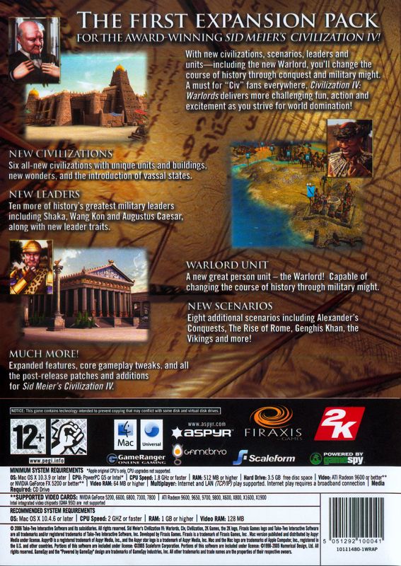Back Cover for Sid Meier's Civilization IV: Warlords (Macintosh)