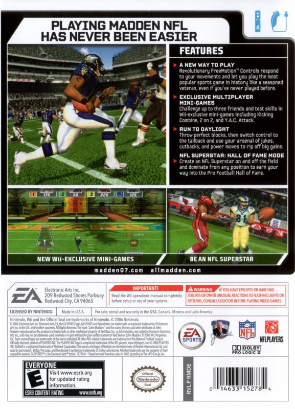 Back Cover for Madden NFL 07 (Wii)