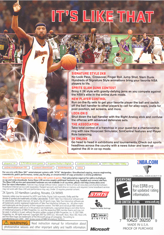 Back Cover for NBA 2K8 (Xbox 360)