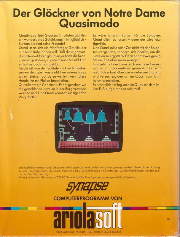 Back Cover for Quasimodo (Commodore 64)