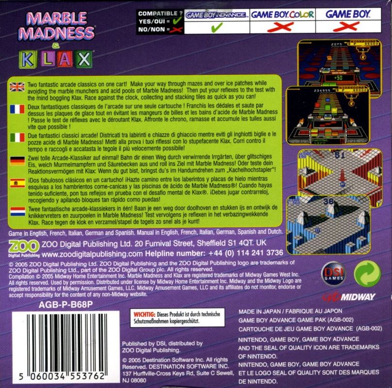 Back Cover for Marble Madness / Klax (Game Boy Advance)