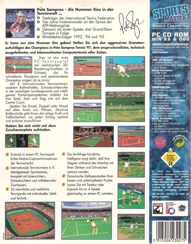 Back Cover for Pete Sampras Tennis 97 (DOS and Windows)