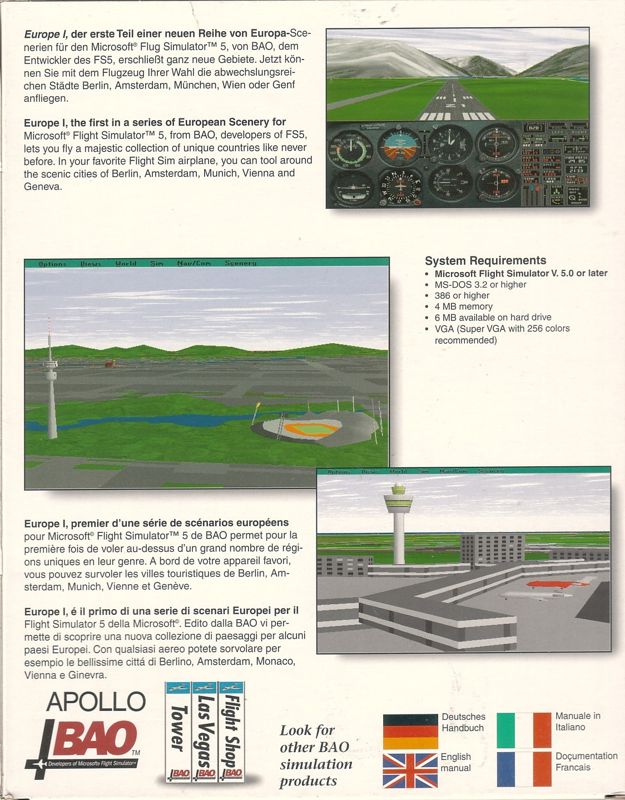 Back Cover for Europe I: Scenery Enhancement for Microsoft Flight Simulator (DOS)